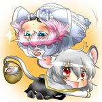  animal_ears bad_id bad_pixiv_id blue_eyes blush capelet chibi fang ghost grey_hair hat japanese_clothes mouse mouse_ears mouse_tail multiple_girls nazrin rebecca_(keinelove) red_eyes saigyouji_yuyuko short_hair tail touhou triangular_headpiece 
