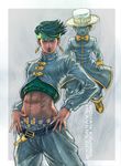  abs belt boyaking crop_top diamond_wa_kudakenai earrings green_hair hat heaven's_door jewelry jojo_no_kimyou_na_bouken kishibe_rohan male_focus midriff pose solo stand_(jojo) 