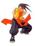  baggy_pants bridal_gauntlets brown_hair chinese_clothes fighting_stance full_body male_focus muscle pants shoes simple_background sneakers solo street_fighter street_fighter_iii_(series) white_background yang_lee 