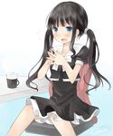  bad_id bad_pixiv_id black_hair blue_eyes blush cup dress hands_together highres long_hair open_mouth original own_hands_together retorillo signa_(retorillo) sitting solo sweat twintails 