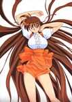  anna_miller arms_up artist_request breasts brown_eyes brown_hair large_breasts long_hair orange_skirt simple_background skirt solo takeuchi_yuka variable_geo very_long_hair waitress 