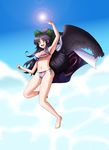  american_flag american_flag_bikini armpits bad_id bad_pixiv_id barefoot bikini black_hair bow breasts cape cleavage flag_print hair_bow highres large_breasts long_hair nekota_susumu pointing red_eyes reiuji_utsuho smile solo sun swimsuit touhou underboob wings 