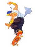  baggy_pants baseball_cap braid bridal_gauntlets chinese_clothes hat male_focus muscle official_art pants shoes single_braid skateboard sneakers solo street_fighter street_fighter_iii_(series) vans yun_lee 