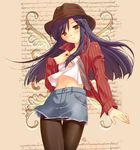  black_legwear blue_hair brown_eyes denim denim_skirt hat idolmaster idolmaster_(classic) kisaragi_chihaya long_hair mame-p miniskirt navel pantyhose shirt skirt solo thigh_gap 