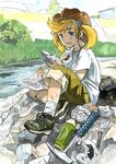  akai_sashimi blonde_hair blue_eyes bottle cowboy_hat food fossil hammer hat onigiri original rock shell short_hair sitting solo twintails water water_bottle western 