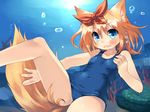  animal_ears bare_legs bare_shoulders blue_eyes blush bow brown_hair bubble collarbone fang flat_chest fox_ears fox_tail hair_bow looking_at_viewer one-piece_swimsuit open_mouth original school_swimsuit short_hair solo swimsuit tail toba_hiyoko underwater 