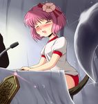  alternate_costume bare_legs blade blush buruma chair closed_eyes commentary_request flower flx gym_uniform hair_ornament hieda_no_akyuu microphone open_mouth pink_hair rod_of_remorse scythe sitting solo touhou trembling 