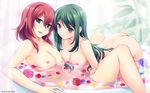  areolae ass back bathtub breast_press breasts flower ginta green_eyes green_hair highres kazama_touko kimi_ga_ita_kisetsu large_breasts long_hair multiple_girls munakata_misae muvluv muvluv_alternative nipple-to-nipple nipples nude open_mouth partially_submerged petals purple_eyes rose seductive_smile short_hair sitting smile wallpaper water yuri 