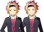  ayamisiro black_hair blonde_hair choker clenched_teeth contemporary dual_persona expressions hairband jacket male_focus messy_hair multicolored_hair pink_eyes pink_hair shirt smile streaked_hair tales_of_(series) tales_of_vesperia teeth white_background zagi_(tales) 