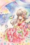  blue_eyes bow brown_hair candy crescent_moon eating flower food hair_bow iinuma_chika japanese_clothes kimono konpeitou long_hair moon original solo star traditional_media watercolor_(medium) yagasuri 