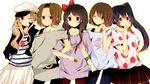  akiyama_mio belt black_hair bow brown_hair food fruit hair_bow hat heart hirasawa_yui holding holding_food holding_fruit k-on! komine kotobuki_tsumugi listen!! multiple_girls nakano_azusa pantyhose sailor_hat shirt side_ponytail strawberry striped striped_shirt tainaka_ritsu 