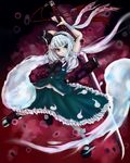  alternate_weapon black_hairband cali ghost glaring green_eyes hairband highres katana konpaku_youmu konpaku_youmu_(ghost) short_hair silver_hair slit_pupils solo sword touhou weapon 