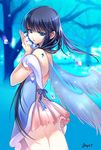  ass backless_dress backless_outfit bad_id bad_pixiv_id bangs bare_back bare_shoulders bare_tree black_hair blue_background blue_eyes blue_ribbon blue_wings blurry blurry_background cheek_press cloak closed_mouth colored_eyelashes cowboy_shot dmyotic dress fingernails floating_hair flower from_side fur_trim hair_behind_ear hands_up light_particles long_hair looking_at_viewer microdress original petals pink_dress pleated_dress ribbon shirahane_nao signature solo tree turquoise very_long_hair water_drop white_flower wings 