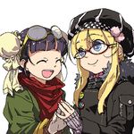  black_hair blonde_hair blue_eyes c_kihara closed_eyes contemporary double_bun eyewear_on_head glasses gloves hat lowres monk_(sekaiju) multiple_girls oekaki princess_(sekaiju) red-framed_eyewear sekaiju_no_meikyuu sekaiju_no_meikyuu_3 smile yellow-framed_eyewear zipper 