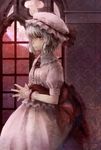  bad_id bad_pixiv_id faux_traditional_media full_moon hands_together hat looking_away miyuki_ruria moon nail_polish portrait red_eyes red_moon remilia_scarlet short_hair solo steepled_fingers touhou wavy_hair white_hair window 
