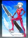  blue_eyes blue_hair bodysuit brown_hair cloud day double-blade hand_on_hip multicolored_hair neon_genesis_evangelion plugsuit solo souryuu_asuka_langley sword touge_(kubiwa_tsuki) weapon 