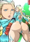  1girl ass athletic blonde_hair blue_eyes braid cammy_white capcom female fingerless_gloves garrison_cap gloves hat hips huge_ass leotard long_hair looking_back madhatter_hello muscle necktie scar solo street_fighter thighs thong thong_leotard toned twin_braids wide_hips 