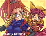  1girl barbara bespectacled cape chamoro dragon_quest dragon_quest_vi elbow_gloves forehead glasses gloves hat high_ponytail long_hair open_mouth pokapamazu ponytail purple_eyes red_hair smile tears 