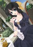  aqua_eyes black_hair breasts cleavage cup dress dutch_angle food frapowa hair_ribbon large_breasts long_hair original ribbon sandwich saucer solo tea teacup teapot tiered_tray tree 