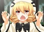 :&lt; blonde_hair bow chestnut_mouth claw_pose close-up drill_hair gao hands hat kamo_(yokaze) luna_child open_mouth red_eyes short_hair solo sweatdrop touhou 