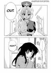  2girls black_hair braid crossed_arms doujinshi greyscale hachi_(chihagura) hard_translated hat highres houraisan_kaguya messy_hair monochrome multiple_girls non-web_source nurse_cap scarf silver_hair touhou translated yagokoro_eirin 