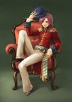  androgynous cannoneer chair coat faris_scherwiz final_fantasy final_fantasy_v full_body green_eyes hat hat_removed headwear_removed highres jewelry knee_up long_hair meno_(pixiv) purple_hair reverse_trap ring sitting smile solo 