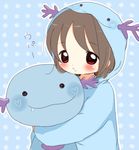  :t aqua aqua_background bad_id bad_pixiv_id blush blush_stickers brown_hair cosplay gen_2_pokemon heart hood hoodie hug kohane_(copinc) moemon pokemon pokemon_(creature) polka_dot polka_dot_background red_eyes saliva smile translated wooper wooper_(cosplay) 