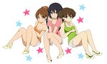  bad_id bad_pixiv_id black_hair brown_eyes brown_hair casual hirasawa_ui k-on! legs long_hair multiple_girls nakano_azusa pantarou ponytail short_hair strap_slip suzuki_jun twintails 