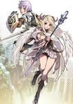  1girl angel_wings aoin armor bad_id bad_pixiv_id blonde_hair boots brown_eyes copyright_request demon_girl fantasy gauntlets horns pauldrons purple_hair shield staff sword weapon wings 