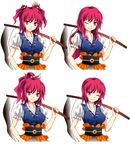  alternate_hairstyle hair_bobbles hair_down hair_ornament long_hair one_eye_closed onozuka_komachi ponytail red_eyes red_hair scythe short_hair siu touhou two_side_up 