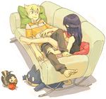  1girl :d arm_at_side artist_request bangs bare_legs bare_shoulders barefoot between_legs black_hair black_pants blonde_hair bracelet brown_eyes closed_mouth couch couple feet food fruit gen_4_pokemon hair_ornament half_updo hand_on_another's_leg hand_on_own_stomach hetero hikari_(pokemon) jewelry jun_(pokemon) knee_up long_hair looking_at_another lying miniskirt munchlax no_hat no_headwear on_back on_couch open_mouth outstretched_arms pants pillow pink_skirt plantar_flexion pokemon pokemon_(creature) pokemon_(game) pokemon_dppt popped_collar reaching shirt short_sleeves simple_background sitting skirt sleeveless smile starly striped striped_shirt white_background 