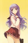  brown_eyes contrapposto himekawa_kotone kawata_hisashi lavender_hair long_hair long_sleeves purple_hair red_skirt sailor_collar school_uniform shirt simple_background skirt solo standing to_heart very_long_hair white_shirt yellow_background 