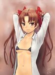  adjusting_hair arms_up bikini_top blush bow brown_eyes brown_hair flat_chest hair_bow lasterk long_hair navel open_clothes open_shirt shirai_kuroko shirt smile solo to_aru_kagaku_no_railgun to_aru_majutsu_no_index twintails 