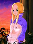  arakawa_under_the_bridge blonde_hair blue_eyes hand_in_pocket jacket kazufumi_(kaz-newt) long_hair nino_(arakawa) shorts solo sunset track_jacket 