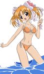  absurdres apricot_sakuraba bikini blush breasts cleavage galaxy_angel galaxy_angel_rune highres medium_breasts ocean open_mouth orange_bikini orange_hair purple_eyes short_twintails side-tie_bikini solo swimsuit transparent_background twintails vector_trace water 