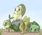  bad_id bulbasaur chikorita day full_body gen_1_pokemon gen_2_pokemon gen_3_pokemon gen_4_pokemon glitchedpuppet grass nature no_humans pokemon pokemon_(creature) rock simple_background sky treecko turtwig 