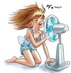  barefoot brown_hair electric_fan fan_speaking fanning_face matirine open_mouth original solo va wind 