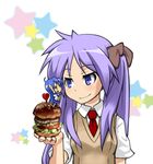  blue_eyes chibi dorinko food hamburger hiiragi_kagami izumi_konata long_hair lucky_star minigirl mole multiple_girls purple_hair smile twintails 