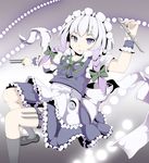  apron bad_id bad_pixiv_id bow braid danmaku gradient_hair grey_hair hair_ribbon hebitsukai highres izayoi_sakuya knife maid multicolored_hair pocket_watch ribbon solo thigh_strap touhou twin_braids watch wrist_cuffs 