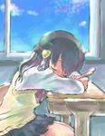  ameri_(cham) classroom closed_eyes desk hikari_(pokemon) indoors long_hair md5_mismatch pokemon school_uniform sleeping solo window 