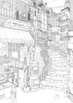  bad_id bad_pixiv_id ball bouno_satoshi fan fox_mask greyscale highres japanese_cylindrical_postbox japanese_postal_mark mask monochrome no_humans old_kana_usage original postbox_(outgoing_mail) railing scenery sign sky stairs town work_in_progress 