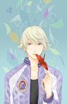  blonde_hair highres ivan_karelin jacket letterman_jacket male_focus mouth_hold origami paper_crane purple_eyes purple_jacket roomoor solo tiger_&amp;_bunny 