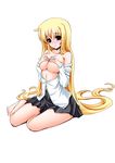  bare_shoulders barefoot blonde_hair blush breasts colorized covering covering_breasts fate_testarossa frapowa highres large_breasts long_hair looking_at_viewer lyrical_nanoha mahou_shoujo_lyrical_nanoha_strikers red_eyes seishou_middle_school_uniform sitting skirt solo tears undressing very_long_hair wata_(akawata) 