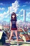  blue_eyes brown_hair casual chong_feigiap clothes_writing digital_media_player highres ipod ipod_touch malaysia original rooftop shirt shorts solo 