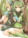  1girl artist_request back-to-back blonde_hair blue_eyes boots green_eyes green_footwear green_hair green_hairband hairband hat instrument link nature ocarina pointy_ears saria smile tegaki the_legend_of_zelda the_legend_of_zelda:_ocarina_of_time young_link 