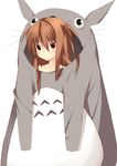  :&lt; angry blush brown_hair collarbone cosplay highres kuwashima_rein long_hair namesake original pun red_eyes simple_background solo tonari_no_totoro tororo_inniina totoro totoro_(cosplay) 