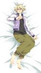  bad_id bad_pixiv_id barefoot blonde_hair blush dakimakura full_body ivan_karelin jacket letterman_jacket lying male_focus on_back psk_113 purple_eyes purple_jacket solo tiger_&amp;_bunny 