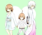  2girls accelerator ahoge albino brown_eyes brown_hair cast cosplay crutch dress holding_hands i.u.y last_order misaka_worst misaka_worst_(cosplay) multiple_girls red_eyes shirt short_hair side_slit smile striped striped_shirt to_aru_majutsu_no_index vietnamese_dress white_hair 