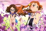  :d absurdres anjou_naruko ano_hi_mita_hana_no_namae_wo_bokutachi_wa_mada_shiranai. barefoot blush brown_hair dual_persona feet feet_together flower glasses hair_ornament hairclip highres long_hair megami michishita_kouta non-web_source official_art open_mouth orange_eyes orange_hair parted_lips petals pink_scrunchie scrunchie short_hair smile toes twintails wind wrist_scrunchie younger 