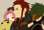  2boys arietta asch gloves green_eyes green_hair hat long_hair mask multiple_boys pink_hair red_eyes red_hair sync tales_of_(series) tales_of_the_abyss yohi 